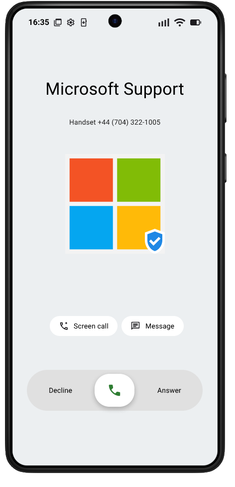A phone showing a verified incoming call from Microsoft Support with a trust shield.